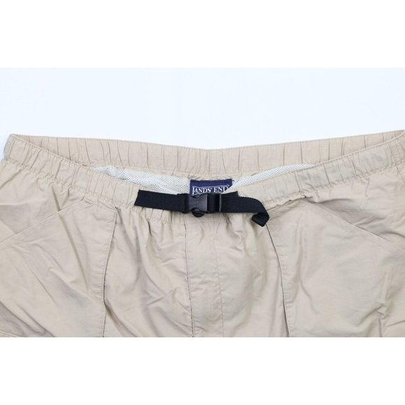 Vintage 90s Lands End Mens XL Belted Lined Above Knee Shorts Baggies Beige Nylon - Picture 2 of 11